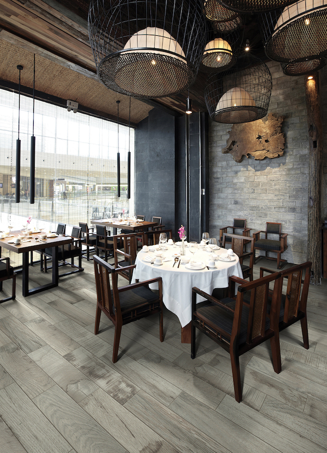 wood look tile commercial flooring in a modern restaurant