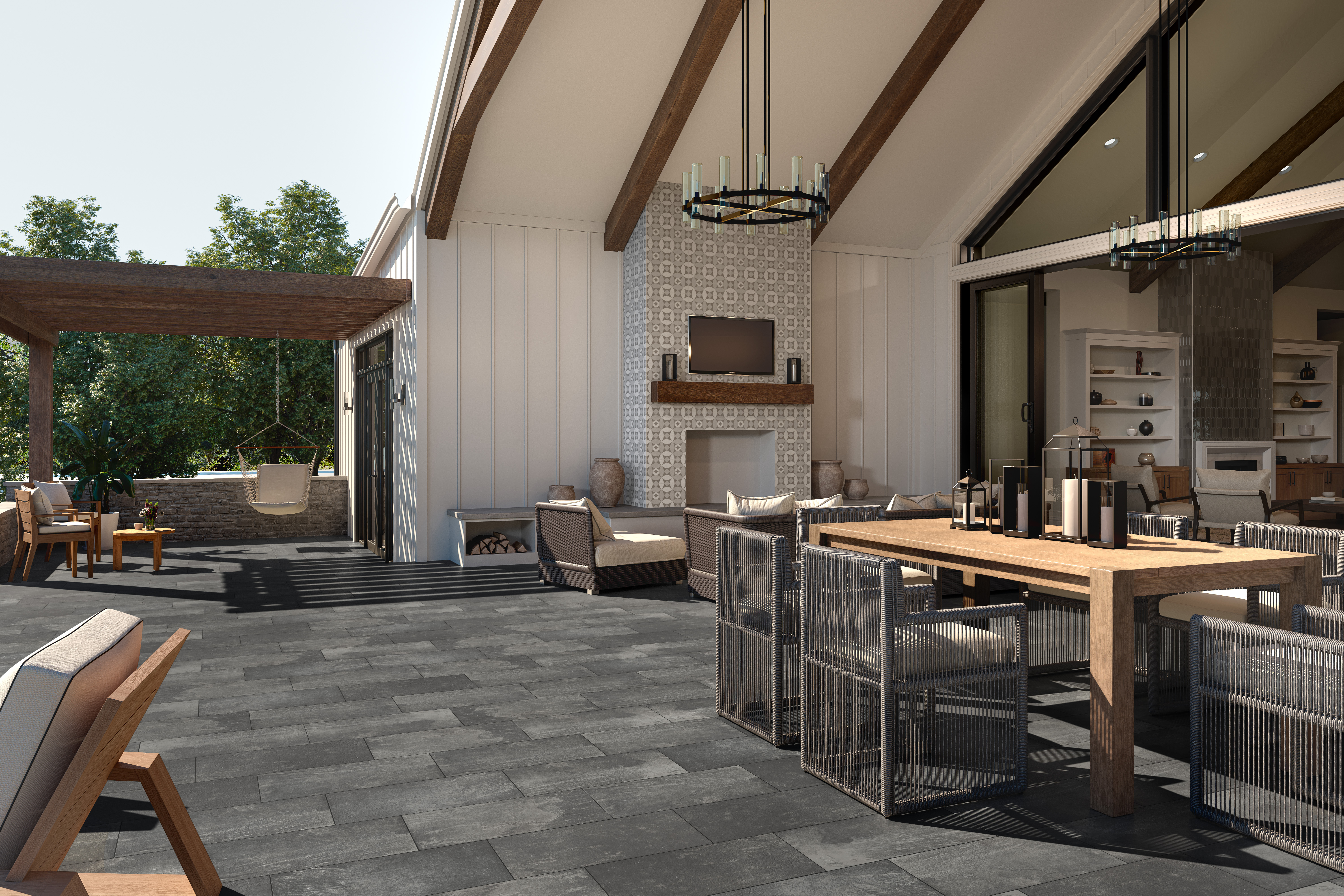 Outdoor porcelain patio featuring outside bar, decor, greenery by Emser Tile