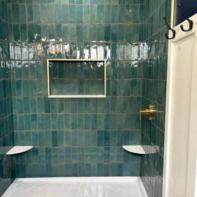 green custom shower tile installation